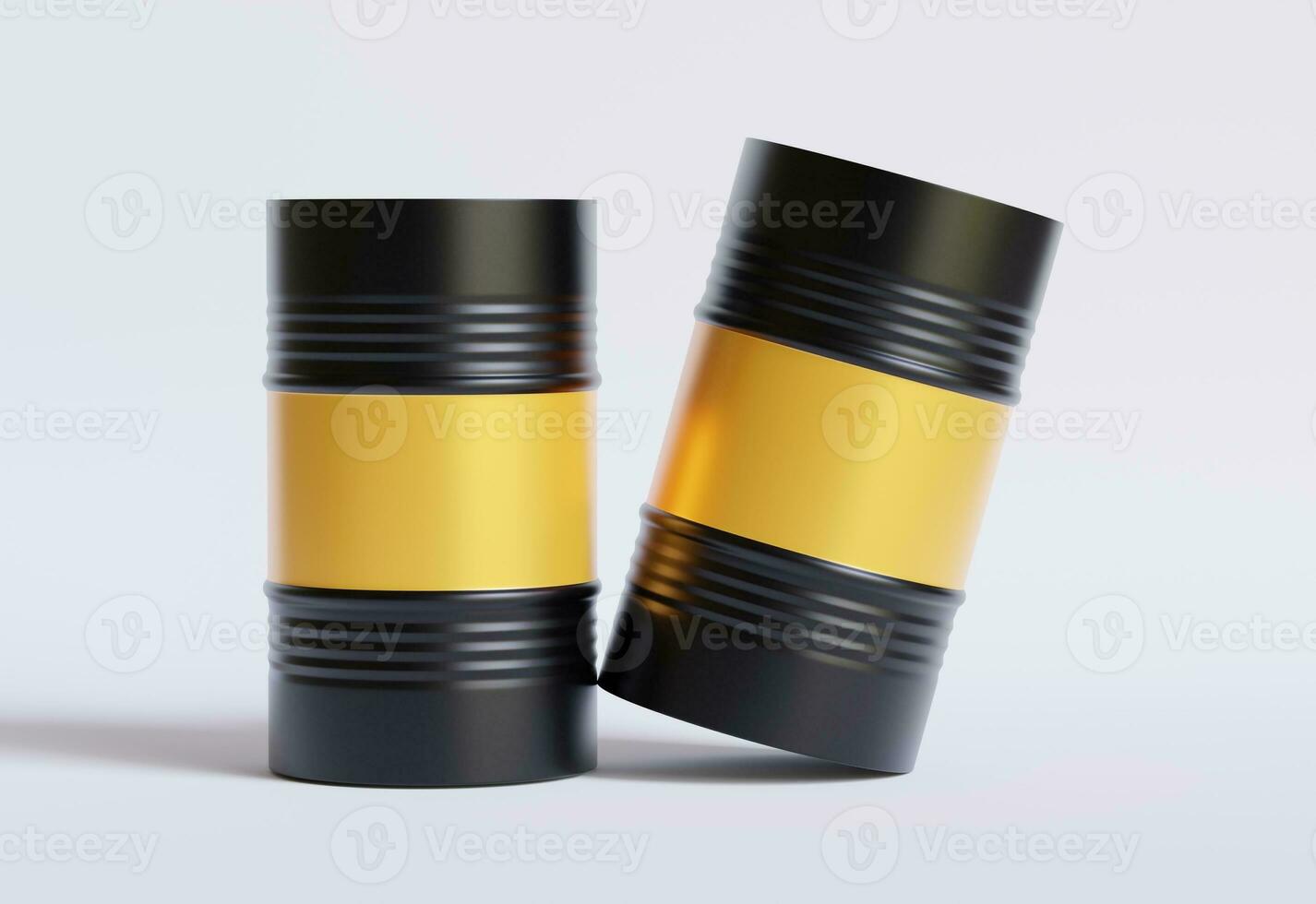 Drum Container oil industry. Gold and black barrels with oil drop label on spilled puddle of crude oil. Object of illustration isolated on white background photo