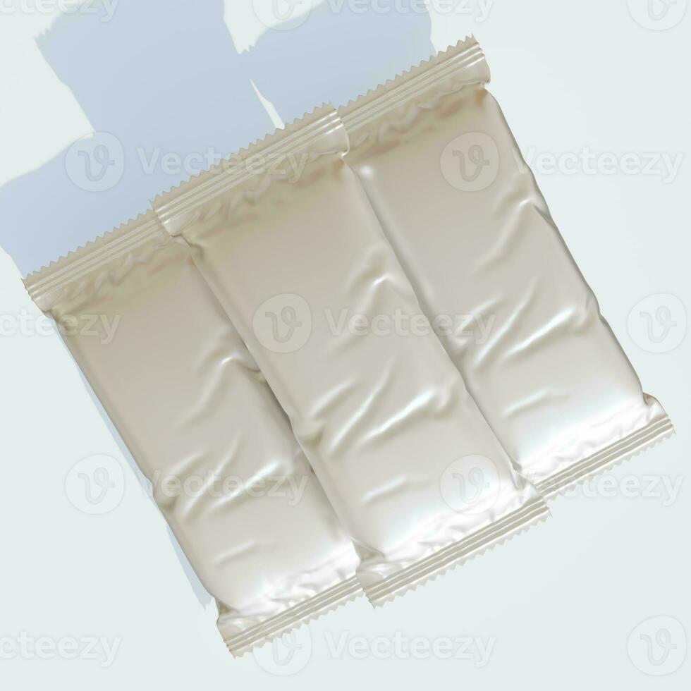 Protein bar packaging white color and realistic render with metalic or glossy texture photo