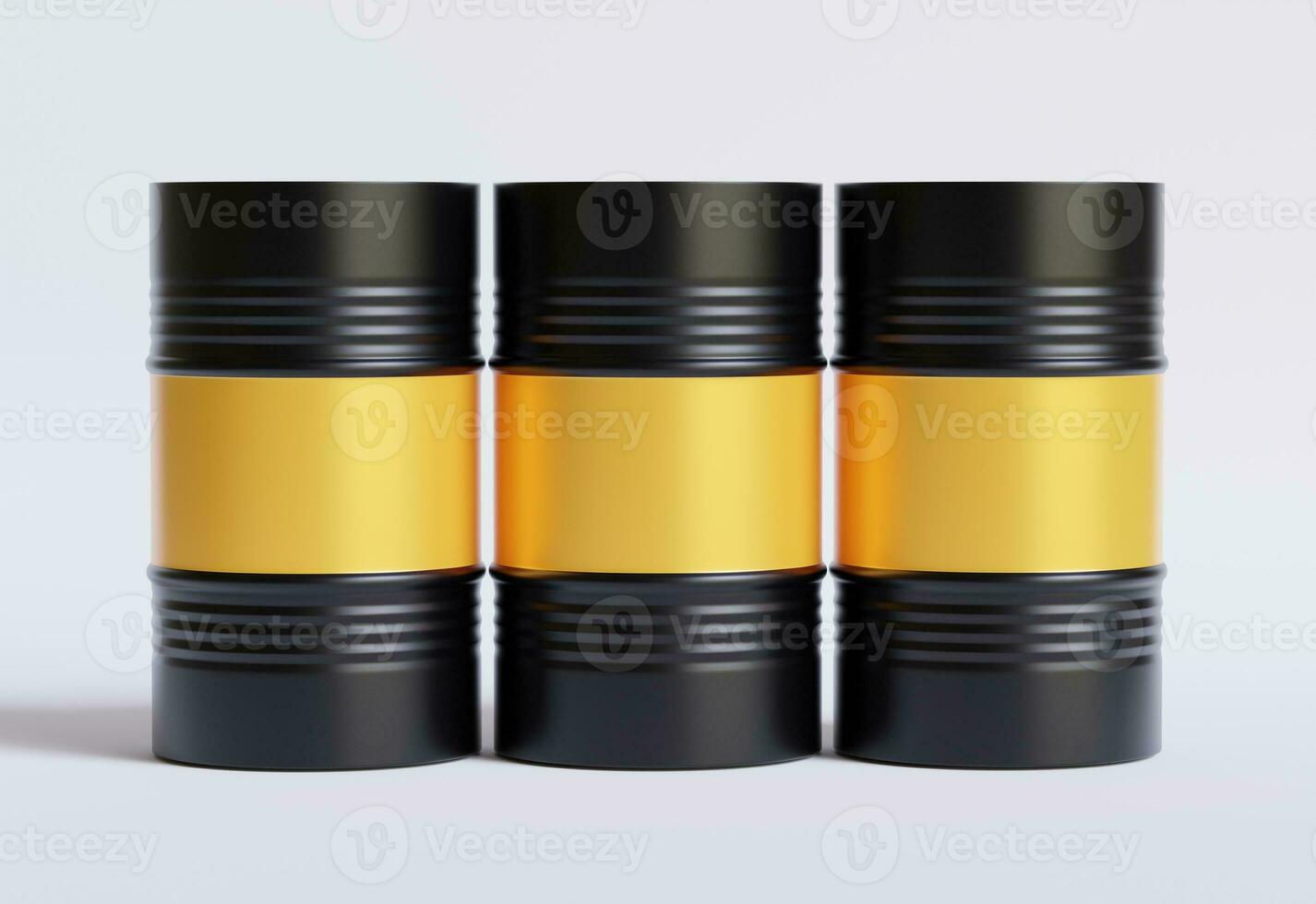 Drum Container oil industry. Gold and black barrels with oil drop label on spilled puddle of crude oil. Object of illustration isolated on white background photo