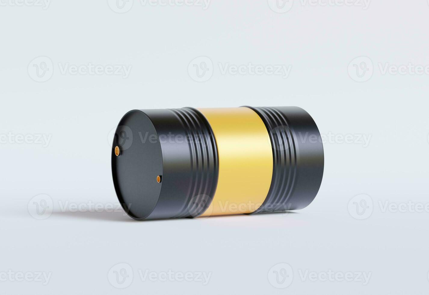 Drum Container oil industry. Gold and black barrels with oil drop label on spilled puddle of crude oil. Object of illustration isolated on white background photo