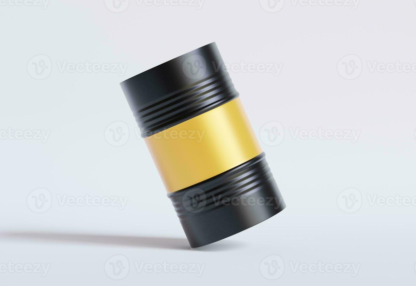 Drum Container oil industry. Gold and black barrels with oil drop label on spilled puddle of crude oil. Object of illustration isolated on white background photo