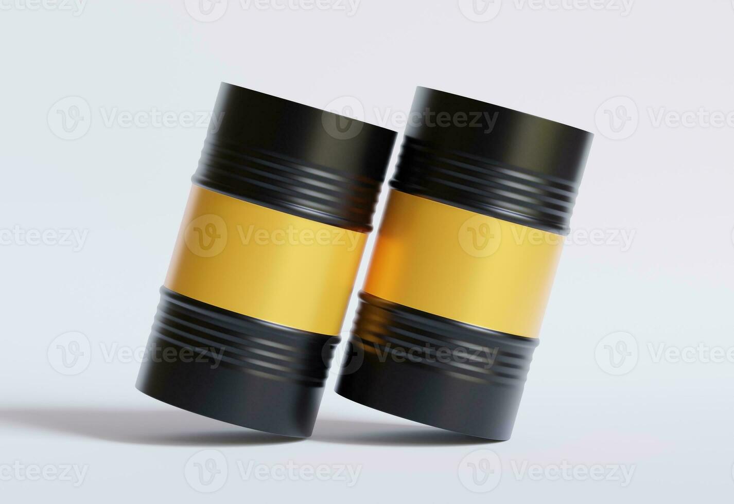 Drum Container oil industry. Gold and black barrels with oil drop label on spilled puddle of crude oil. Object of illustration isolated on white background photo