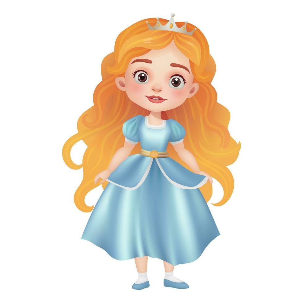 3D illustration of a cute princess doll with a beautiful dress, crown, and beautiful face. Magical princess, perfect for fairy tale themes. The character is isolated Not AI generated. vector