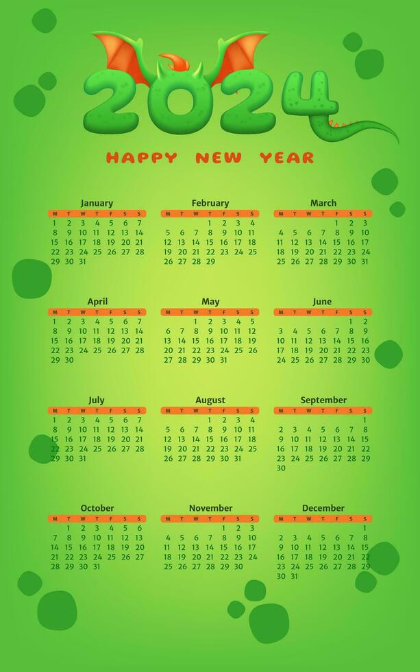 A vibrant green 2024 calendar template with a dragon theme, featuring months, days, and Chinese zodiac. The design blends abstract fun elements with children motifs. Not AI generated. vector