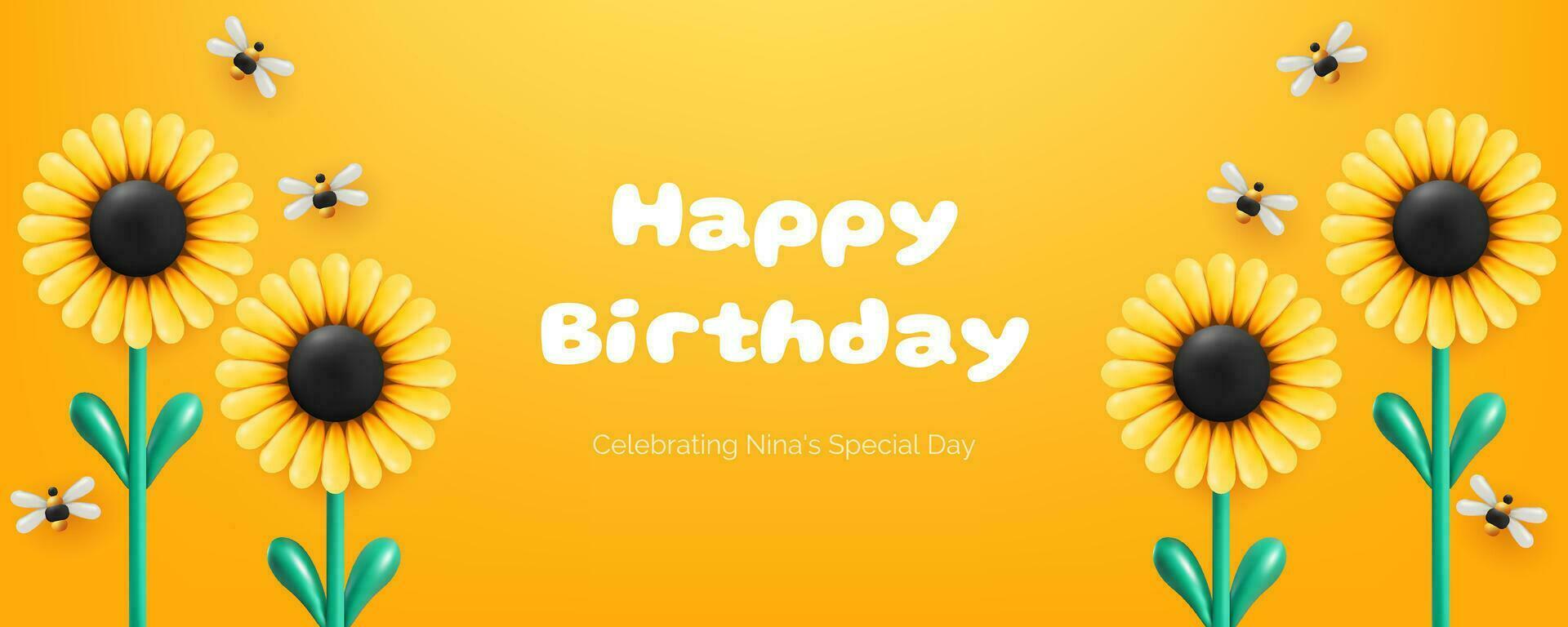 Horizontal banner in yellow with a 3D illustration featuring flower sunflower balloons, bees and a cheerful birthday design. Realistic and cute invitation card. Not AI generated. vector