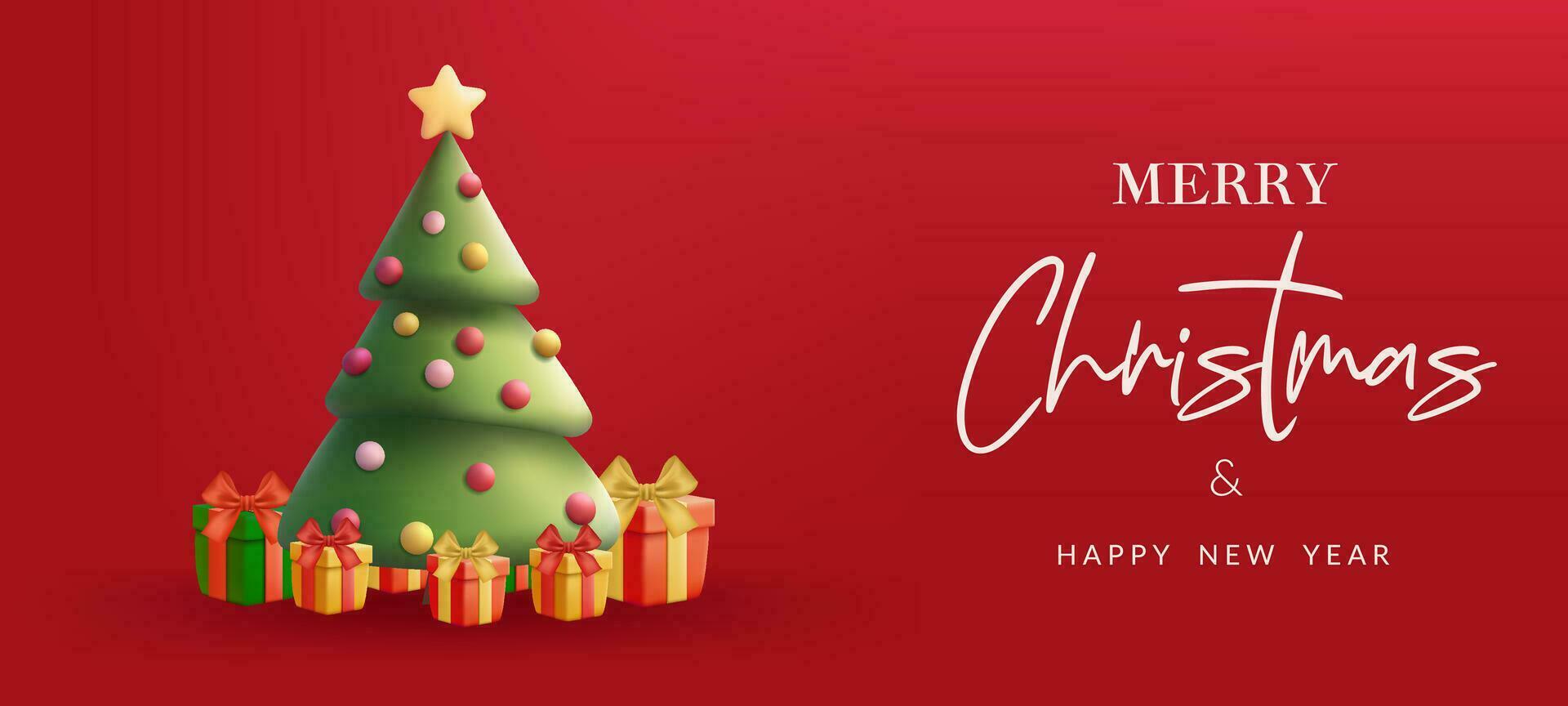 Merry Christmas 3D illustration of a festive pine tree with presents, in a realistic design. Perfect for cards, banners, and holiday decorations. Not AI generated. vector