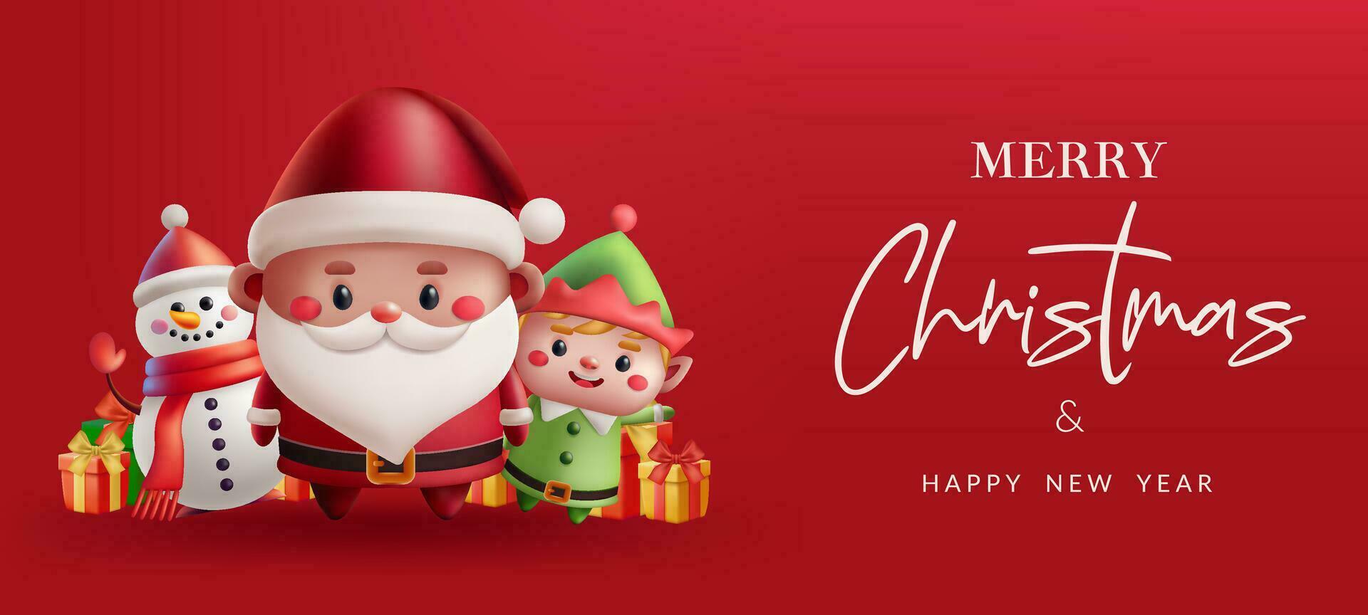 Red banner with cute cartoon characters Santa, elf, snowman with presents in a joyful 3D Christmas illustration. Perfect for holiday greetings and festive designs. Not AI generated. vector