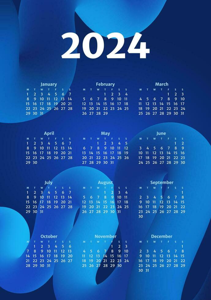 3D blue tube flow calendar poster for 2024. Modern abstract design with vibrant colors, liquid motion, and copy space. Ideal for web banners, events, and greetings. Not AI generated vector