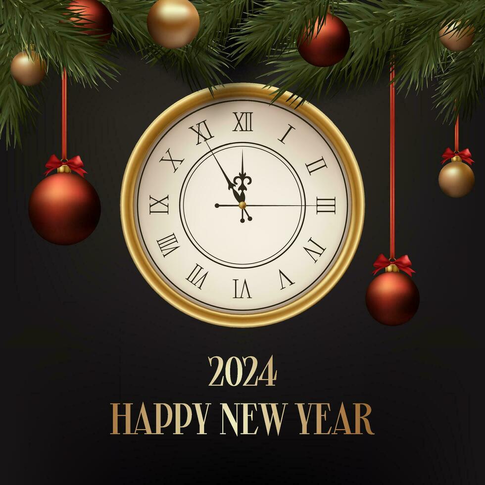 Realistic luxury Happy New Year banner, featuring a clock, balls and pine. Gold and Christmas themed decorations. Suitable for invitations, greetings, and event promotions. Not AI generated. vector