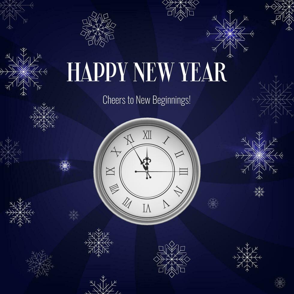 Realistic blue Happy New Year banner, featuring a clock and snowflakes. Gold and Christmas themed decorations. Suitable for invitations, greetings, and event promotions. Not AI generated. vector