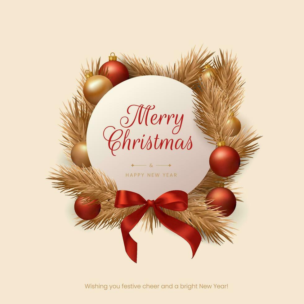 Christmas holiday wreath greeting card design with red and gold elements. Ideal for creating a joyful and celebratory atmosphere in your seasonal projects. Not AI generated. vector