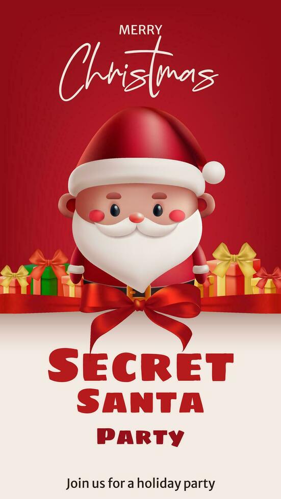 Cartoon 3D Santa illustration for a festive Secret Santa party banner invitation. Fun and cute holiday design with presents. Perfect for Christmas celebrations. Not AI generated vector
