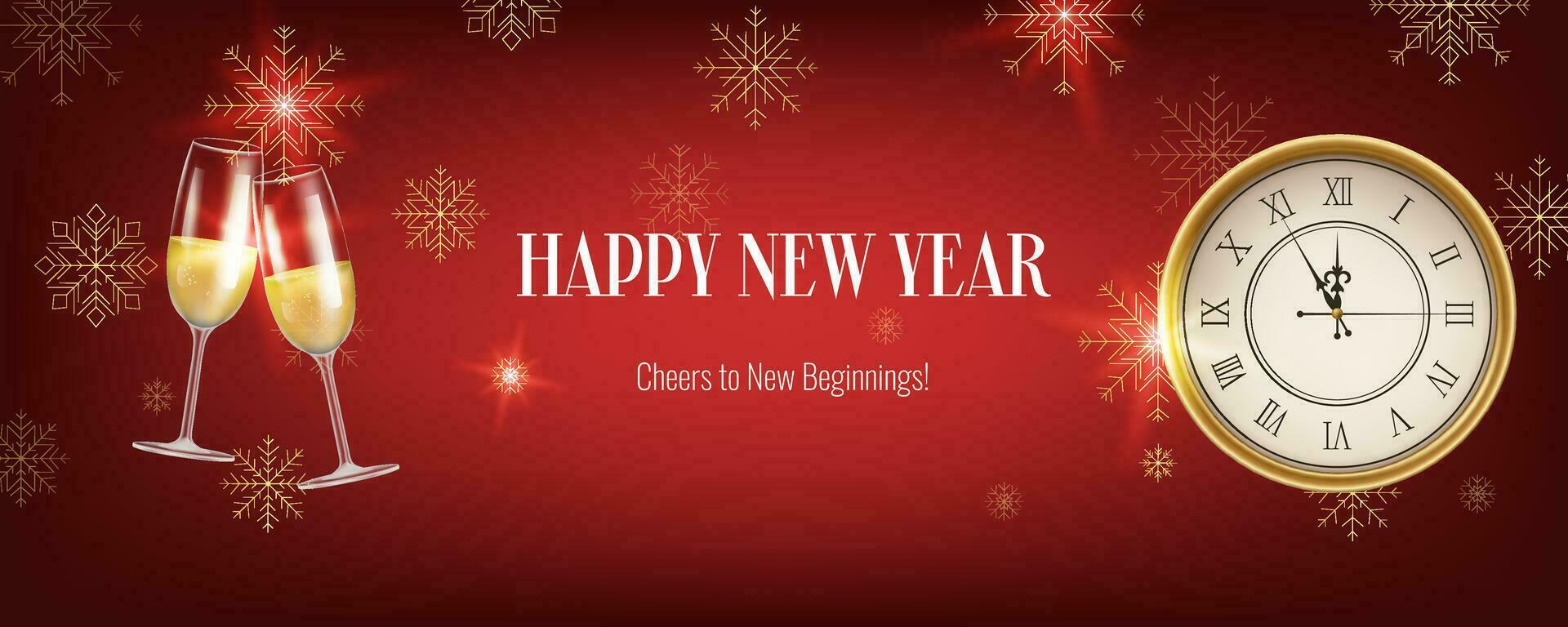 Realistic red New Year banner, featuring a clock, snowflakes and champagne. Gold and Christmas themed decorations. Suitable for invitations, greetings, and event promotions. Not AI generated. vector