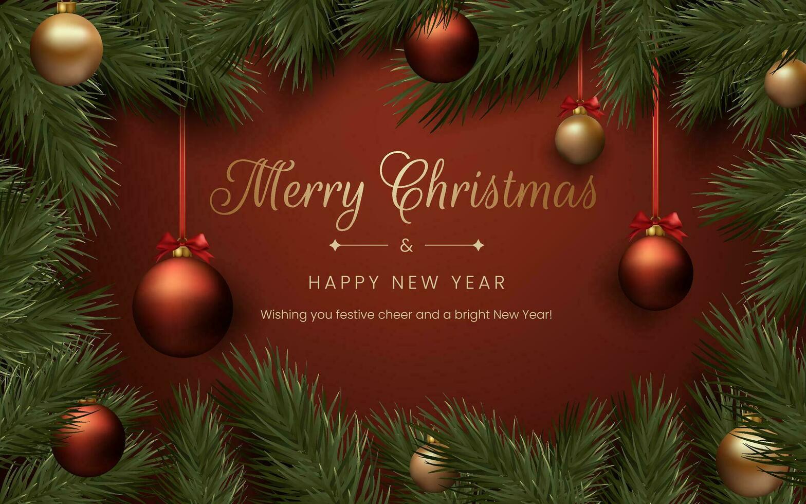 Merry Christmas realistic red and gold balls, pine tree branches, and festive decorations. This elegant design is suitable for holiday cards, invitations, and banners. Not AI generated vector