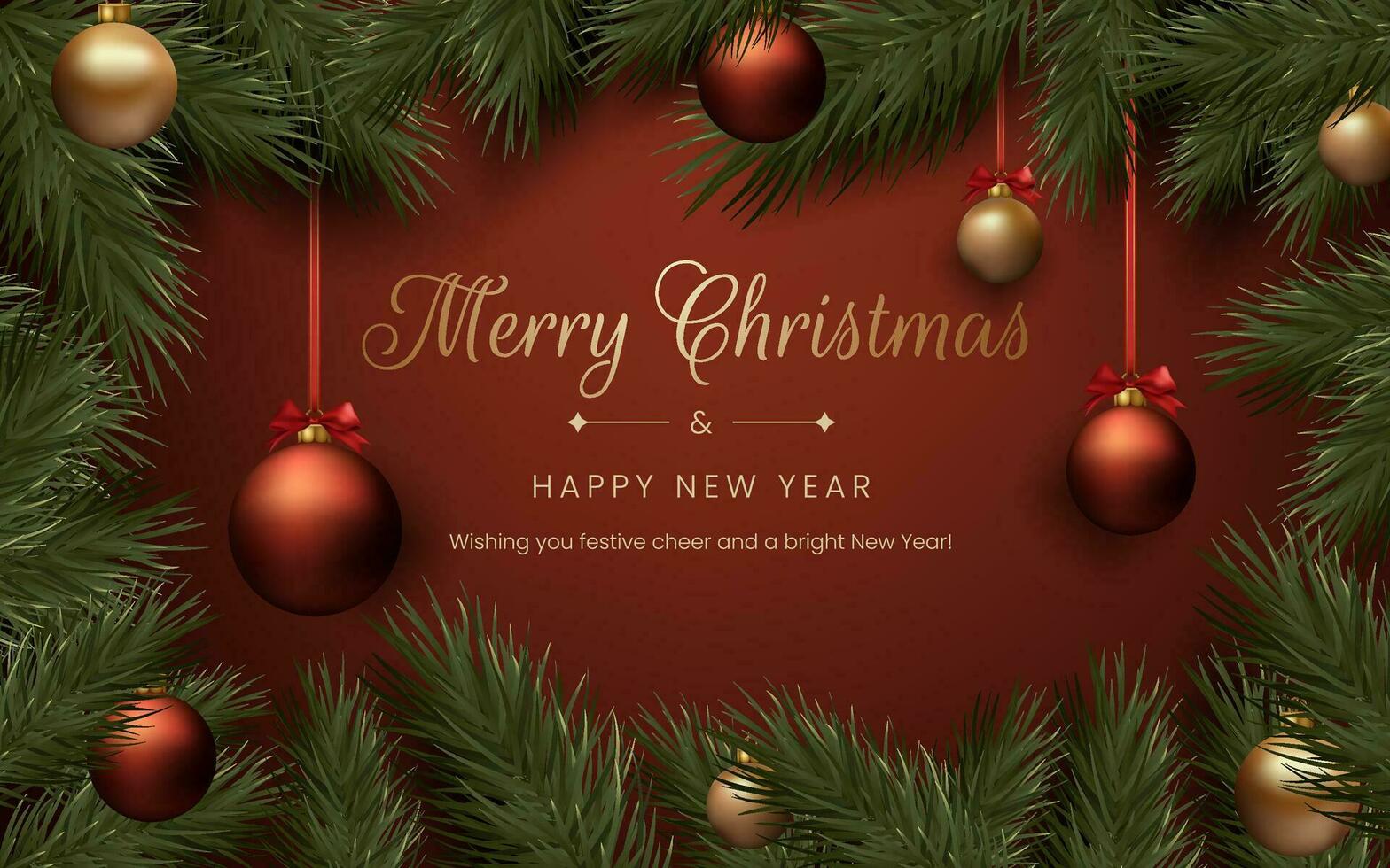 Merry Christmas realistic red and gold balls, pine tree branches, and festive decorations. This elegant design is suitable for holiday cards, invitations, and banners. Not AI generated vector
