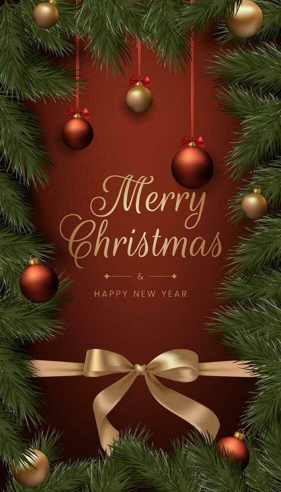 Merry Christmas realistic red and gold balls, pine tree branches, and festive bow ribbons. This elegant design is suitable for holiday cards, invitations, and banners. Not AI generated vector