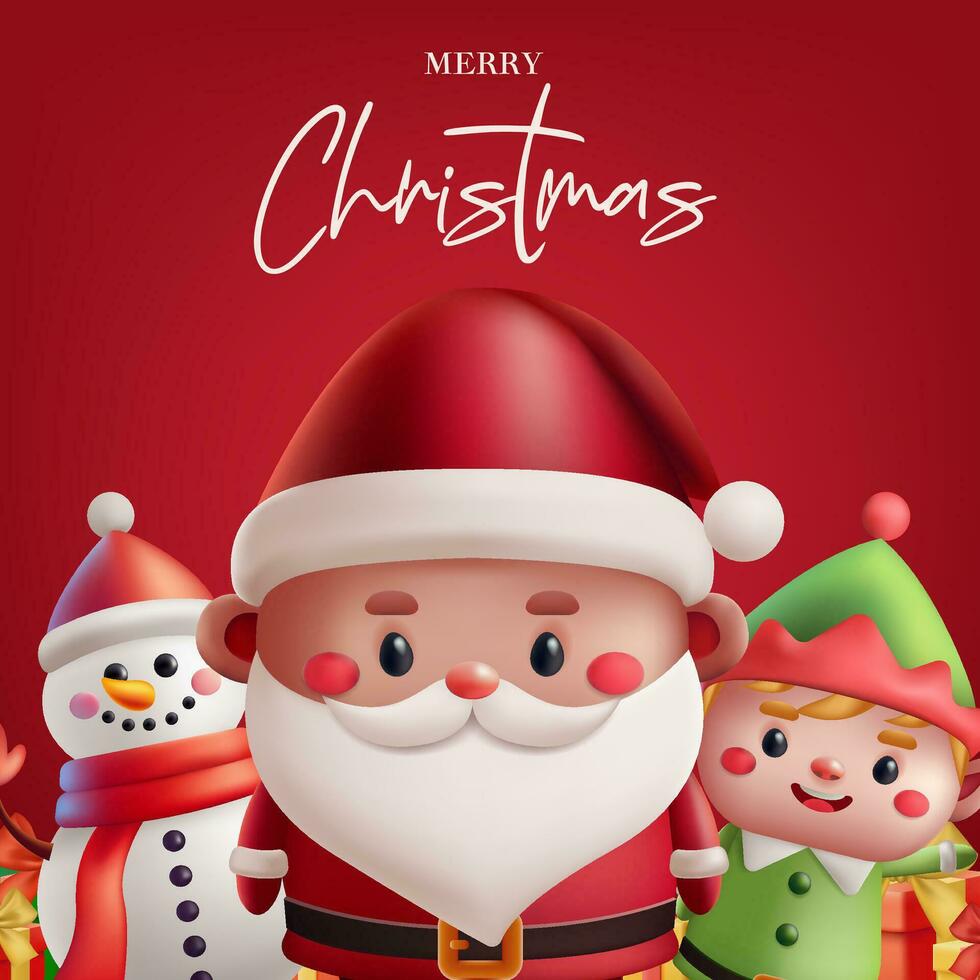 Red banner with cute cartoon characters Santa, elf, snowman with presents in a joyful 3D Christmas illustration. Perfect for holiday greetings and festive designs. Not AI generated. vector