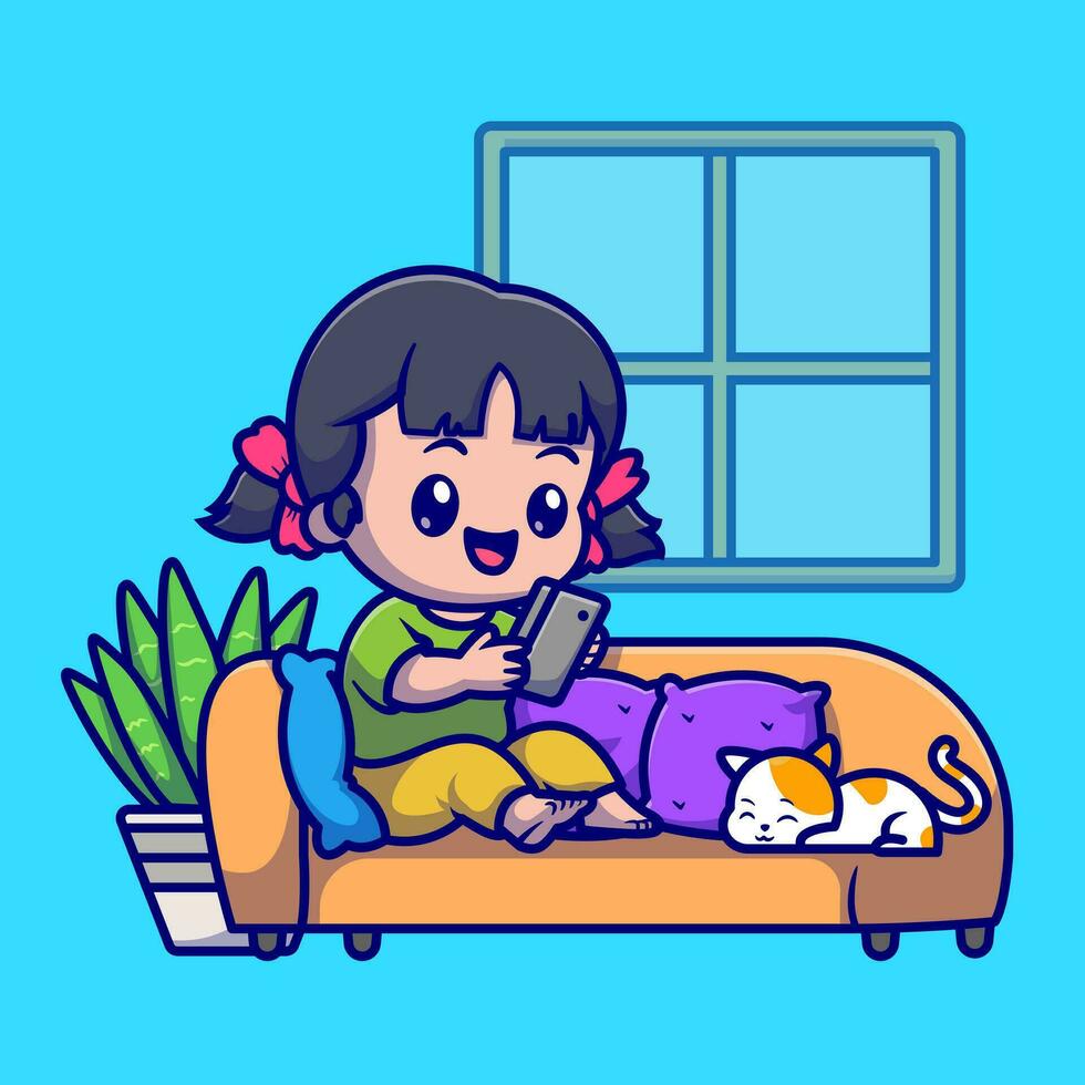 linda niña operando teléfono con gato dibujos animados vector icono ilustración. personas animal icono concepto aislado prima vector. plano dibujos animados estilo