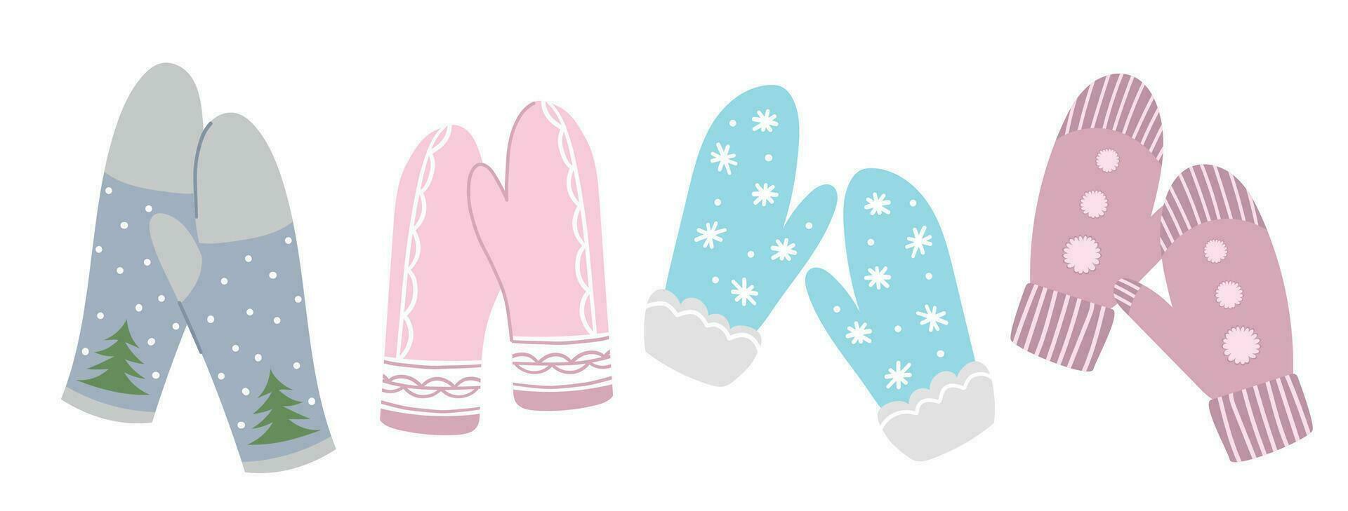 Set of different knitted mittens. Woolen or knitted mitten for cold frosty weather isolated on white background. Warm winter mittens set. Cute hand drawn elements for winter design. Winter accessories vector