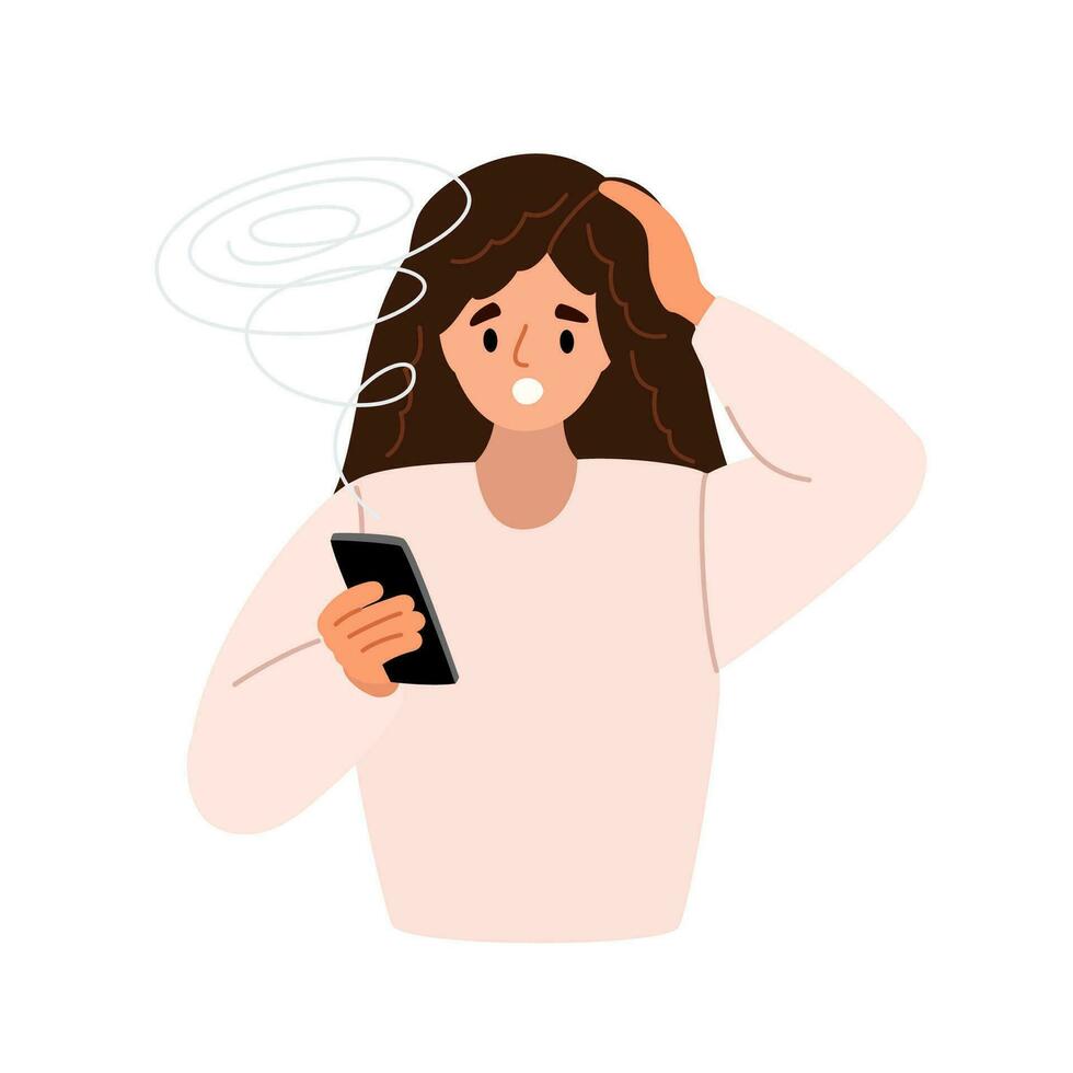 Sad anxious girl with mobile phones, reading bad news, message in internet. Negative emotion. Flat vector illustration isolated on white background.