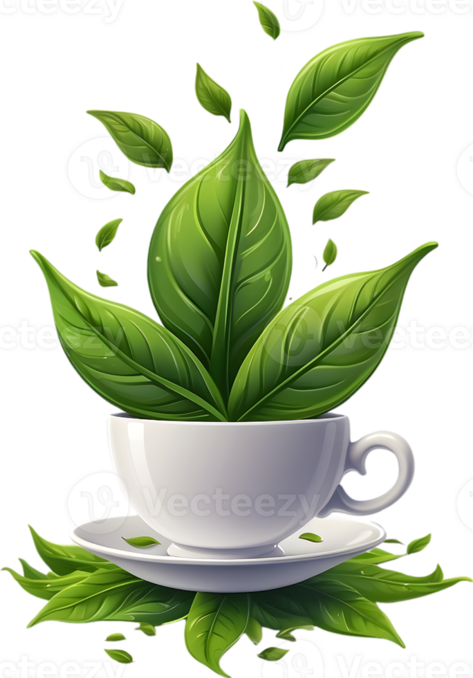 AI generated green tea leaves in a cup, transparent background, png  ai generative