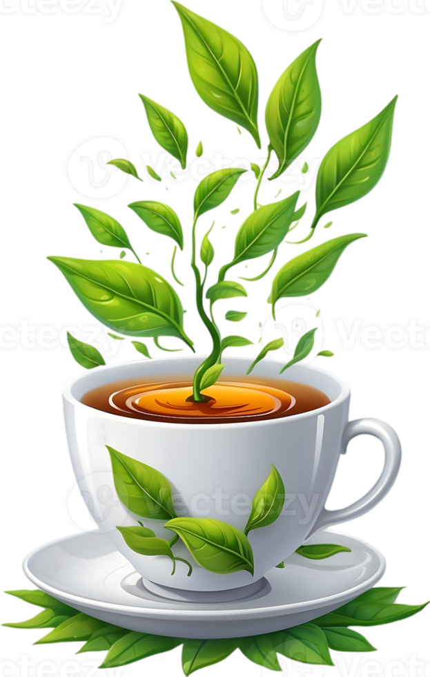 AI generated green tea leaves in a cup, transparent background, png  ai generative
