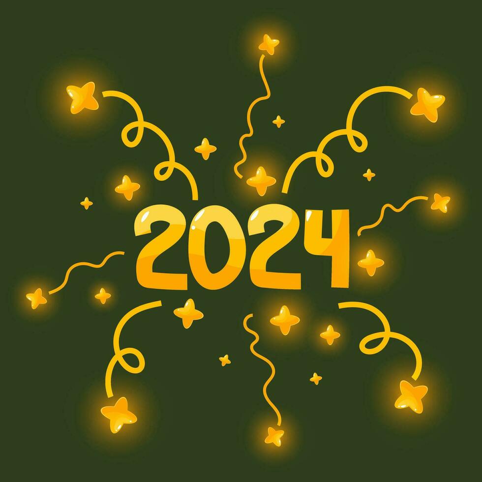 2024 number. 2024 logo text design. Happy New Year 2024. Vector holiday illustration with 2024 logo text design, sparkling confetti and shining golden stars, festive fireworks on green background.