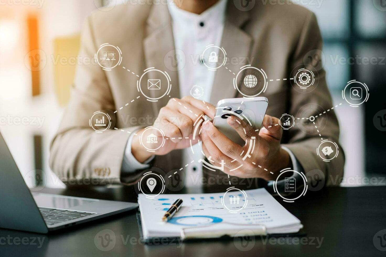 Businessman working with smart phone and laptop and digital tablet computer in office with digital marketing media in virtual icon photo