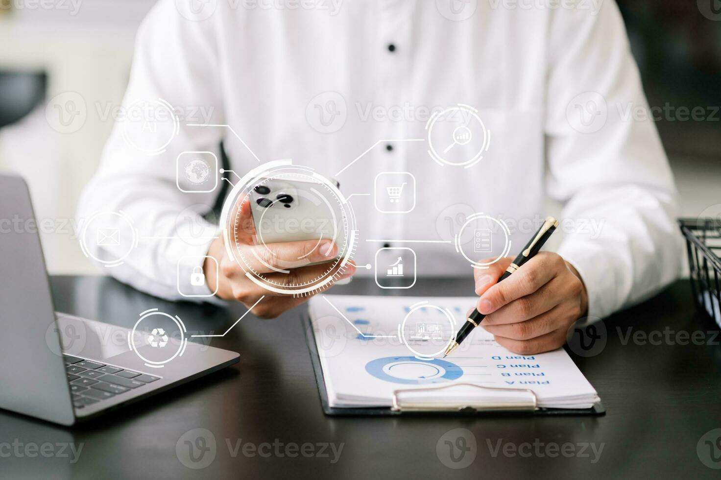 Businessman working with smart phone and laptop and digital tablet computer in office with digital marketing media in virtual icon photo