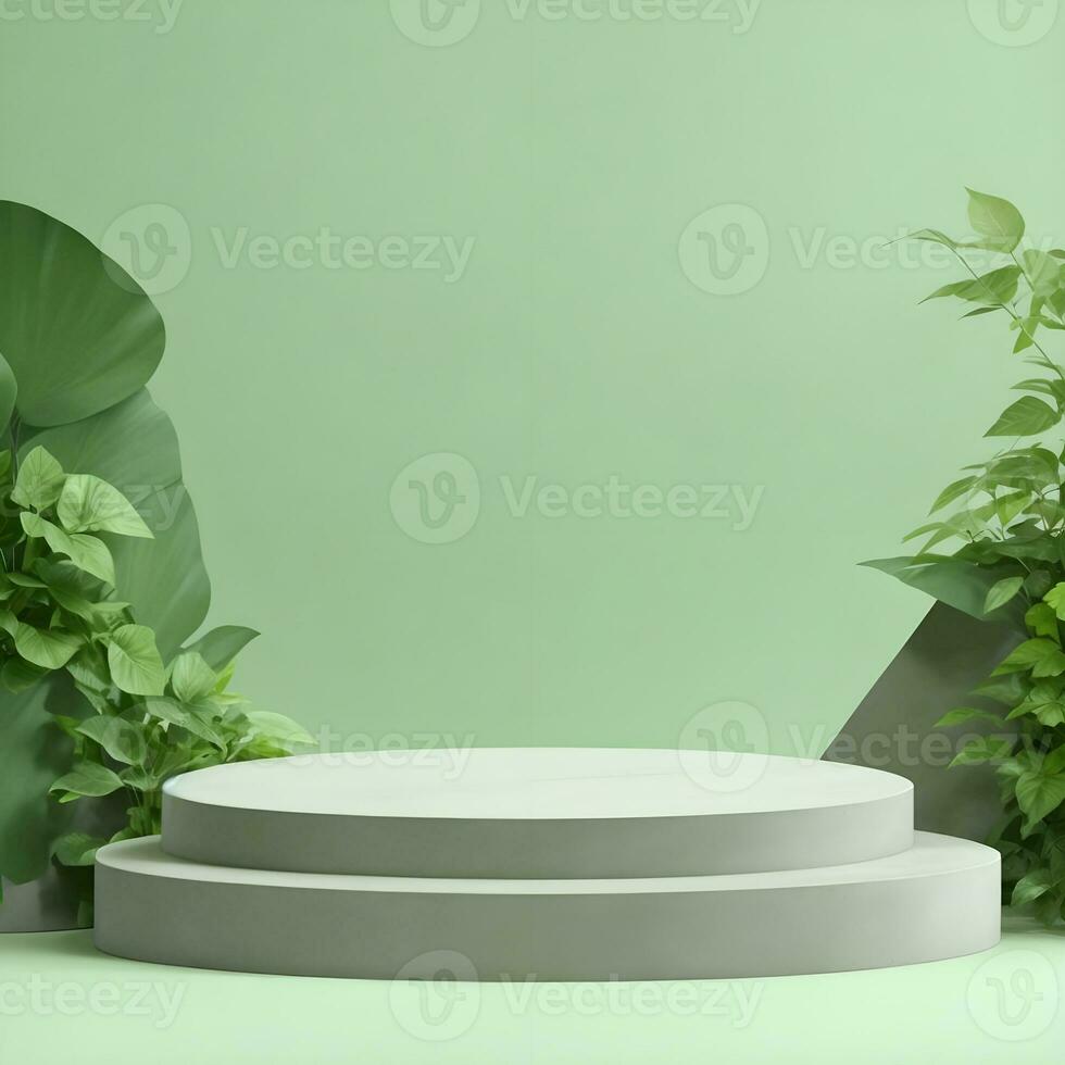 AI generated Abstract minimal scene with Stone podium display. stage pedestal or platform in green background with Green Leaves. for cosmetic product presentation, 3d rendering photo
