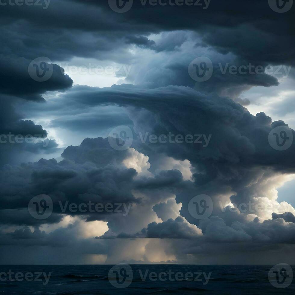 AI generated stormy clouds and rain with dramatic sky. The dark sky with heavy clouds converging and a violent storm before the rain.Bad or moody weather sky and environment. photo