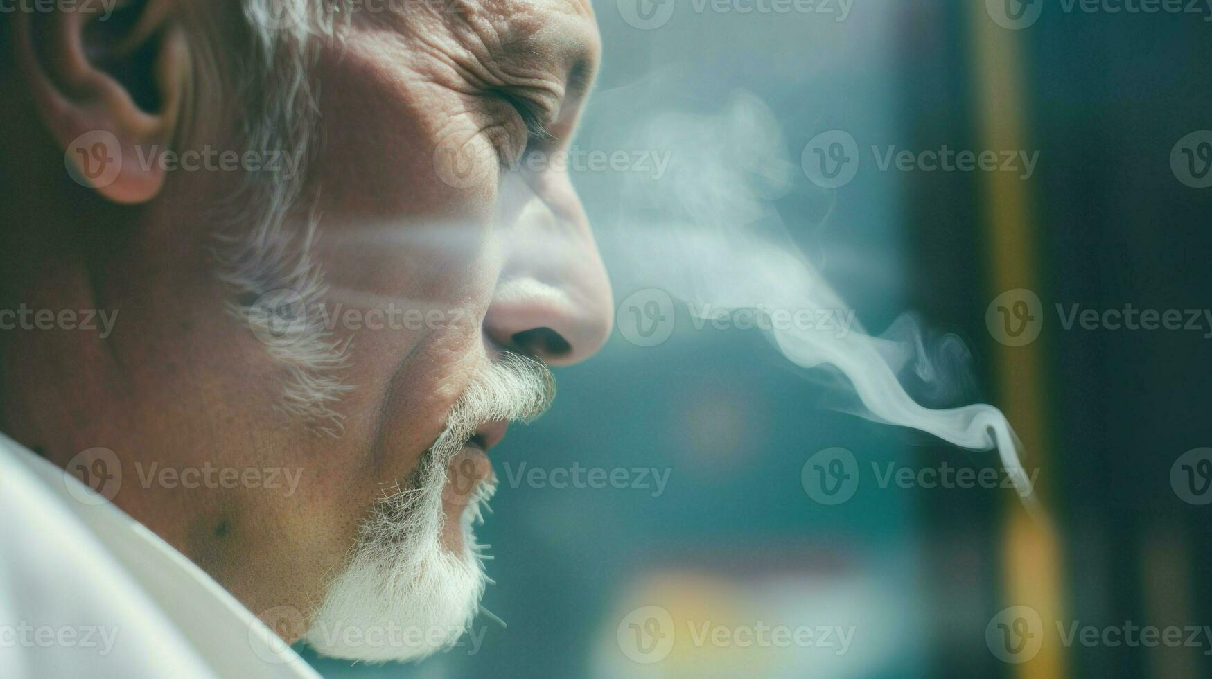 Close-up photo of old man with Asian beard. Generative AI