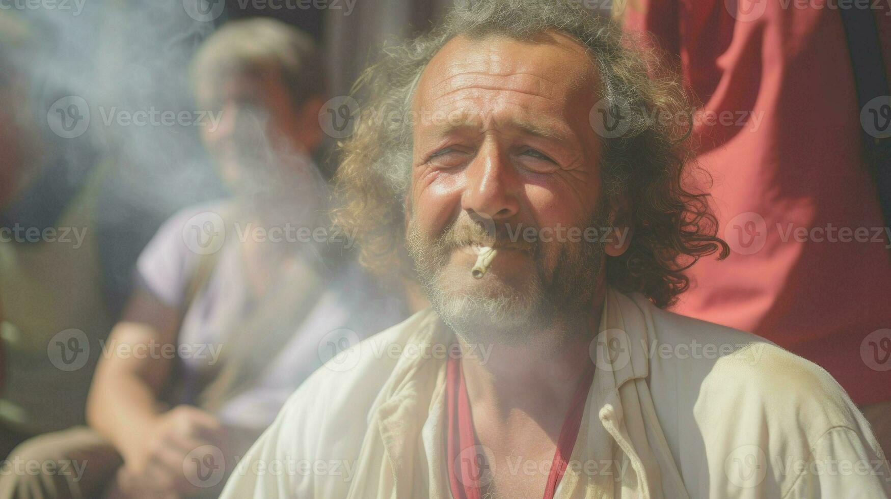 A middle-aged man smoking a cigarette. Generative AI photo
