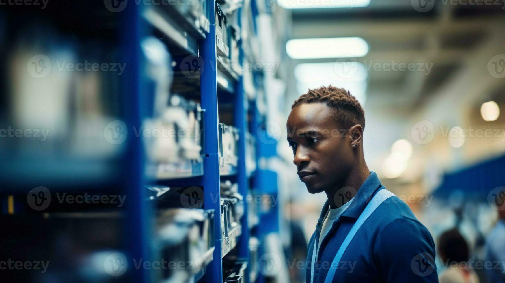 Young warehouse clerk African man looks at shelves. Generative AI photo