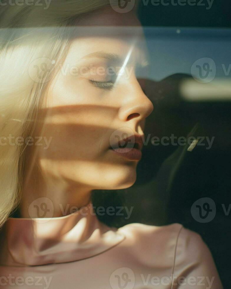 Close-up photo of young blonde woman behind glass. Generative AI