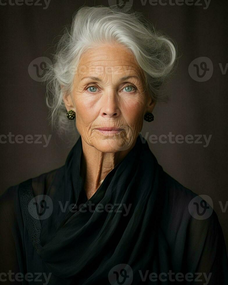 Old woman dressed in a black dress. Generative AI photo