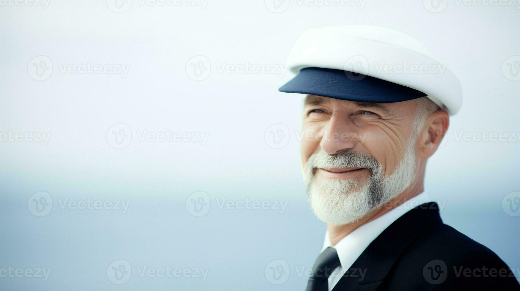 An old ship captain in captain's outfit in front of a seascape. Generative AI photo