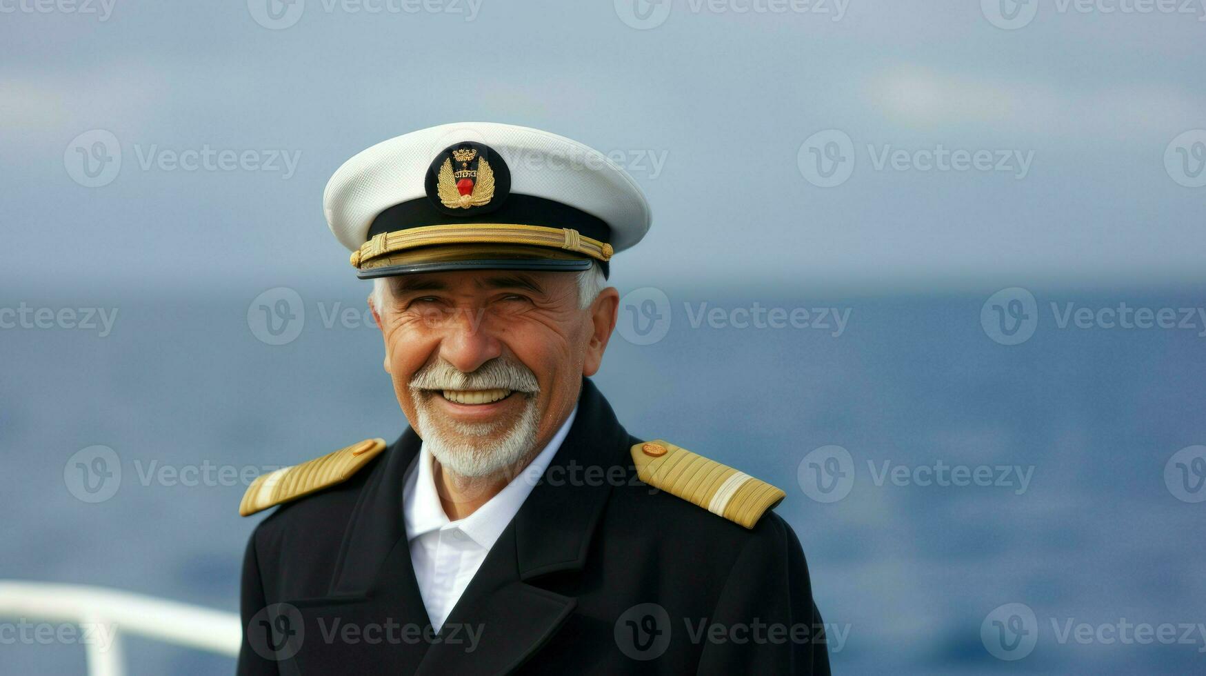 An old ship captain in captain's outfit in front of a seascape. Generative AI photo