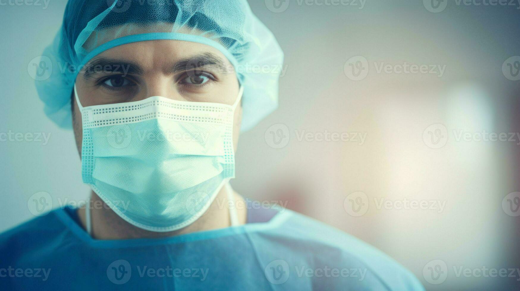 Doctor wearing a protective mask prepares for surgery. Generative AI photo