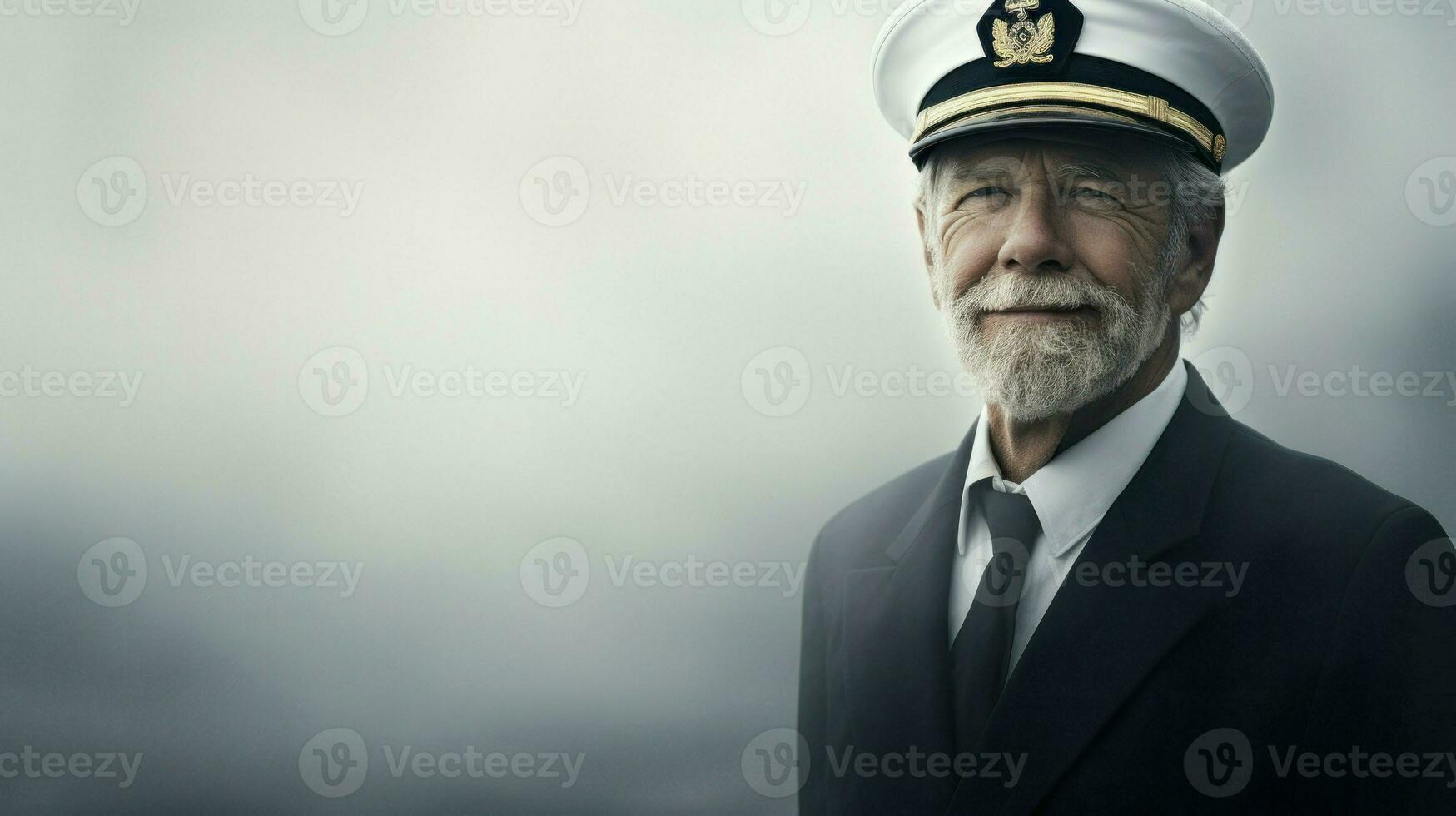 An old ship captain in captain's outfit in front of a seascape. Generative AI photo