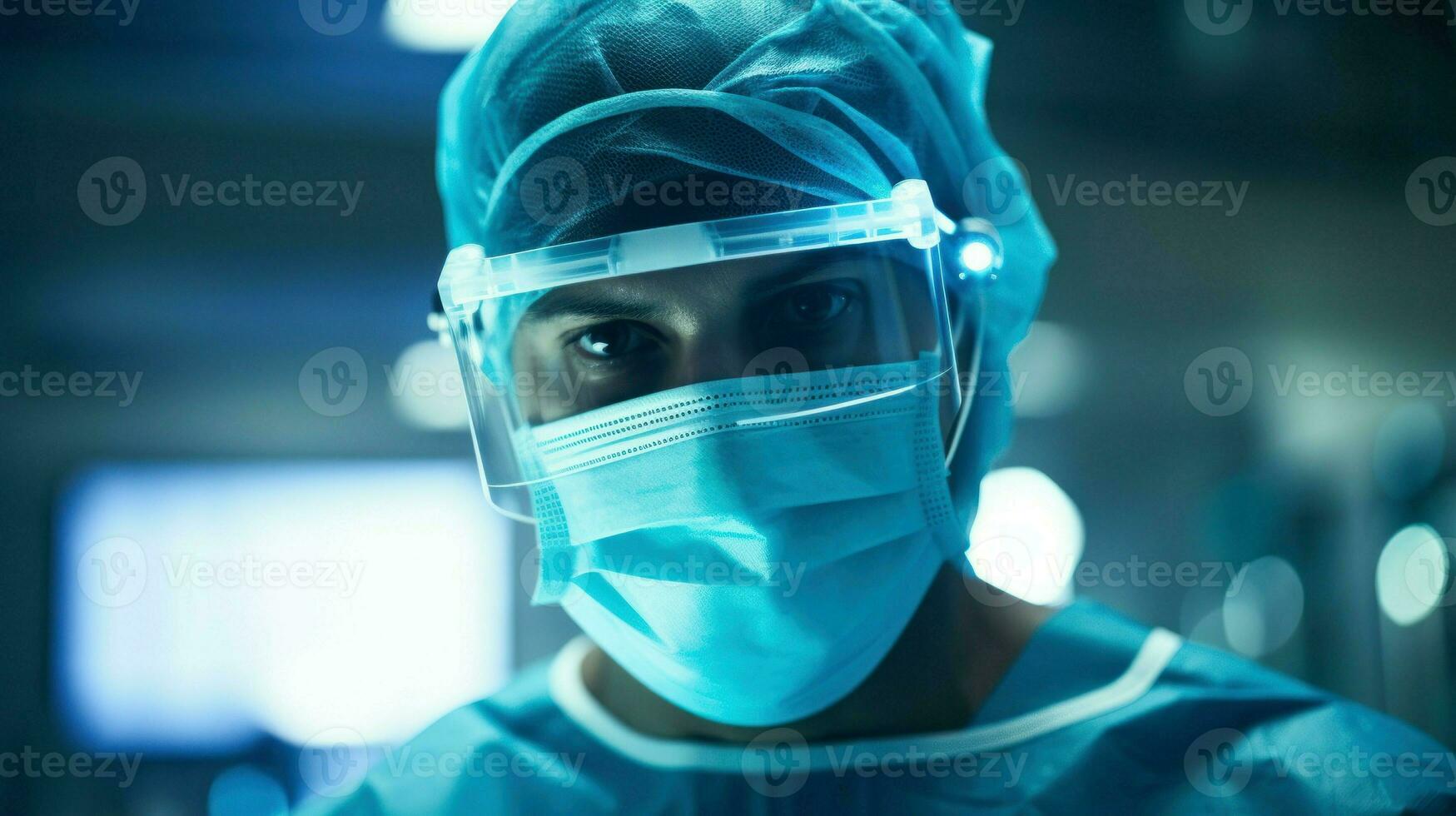 médico vistiendo un protector máscara prepara para cirugía. generativo ai foto