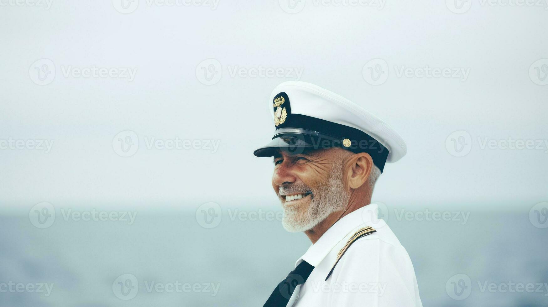 An old ship captain in captain's outfit in front of a seascape. Generative AI photo