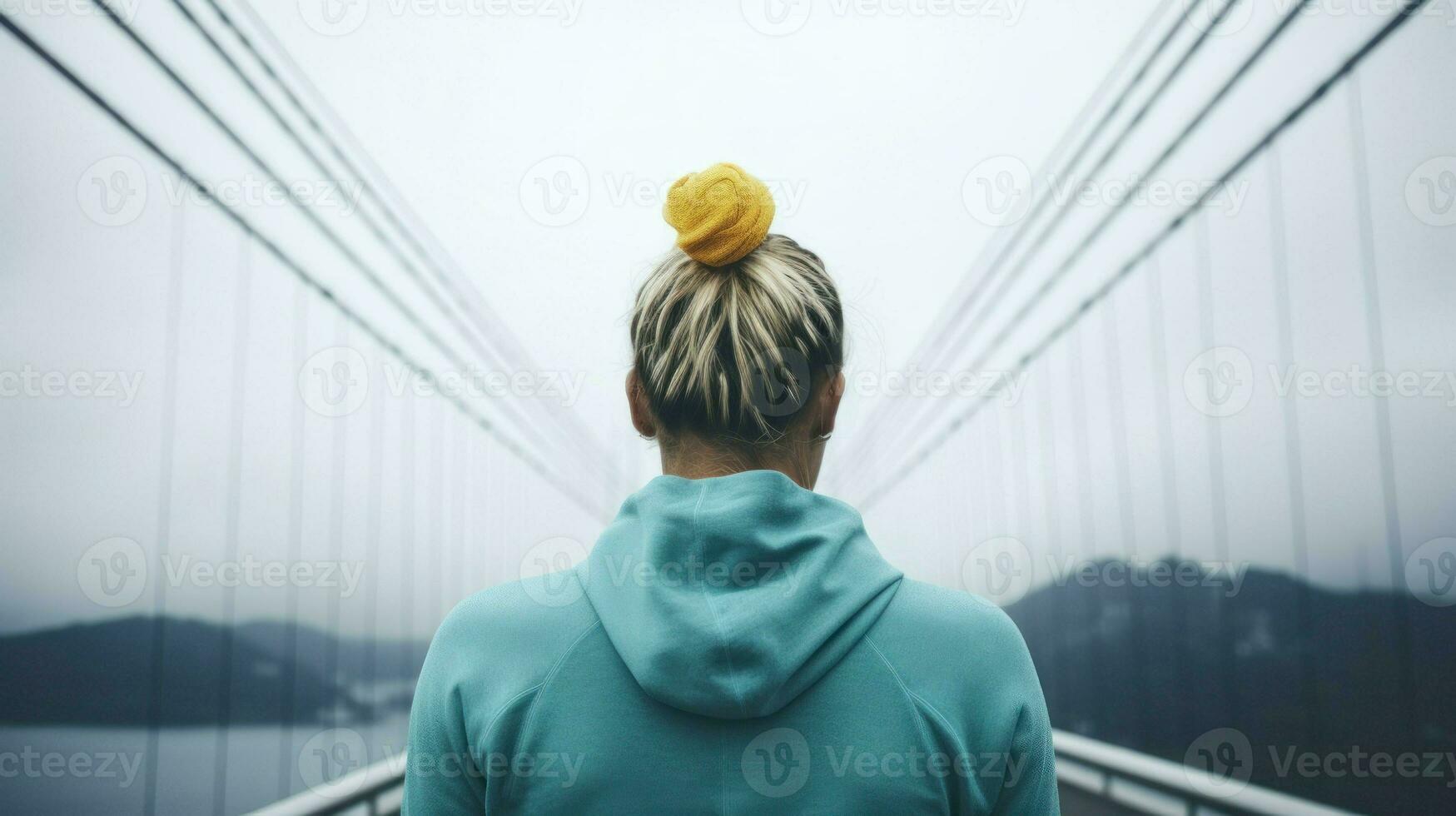 Photo of sporty woman walking towards the bridge. Generative AI