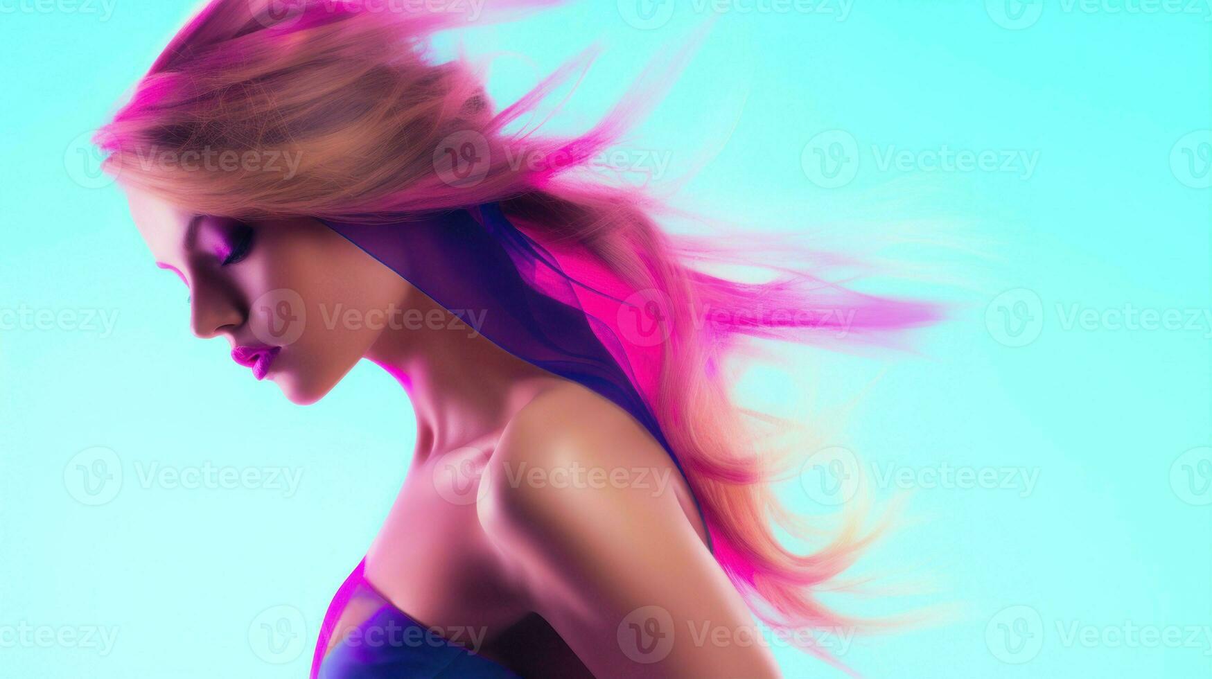 Neon lights reflect on the young woman's body. Generative AI photo