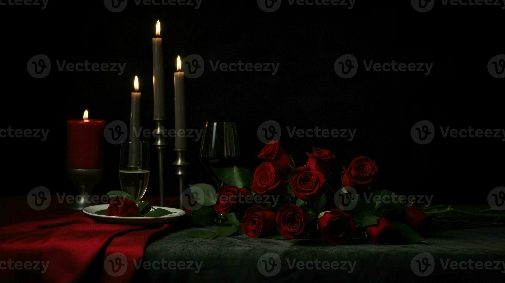 A romantic setting with red roses and candles beautifully arranged on a table.. Generative AI photo