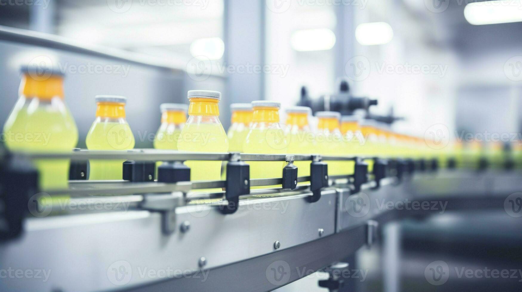 Bottles of soda moving on factory conveyor.. Generative AI photo