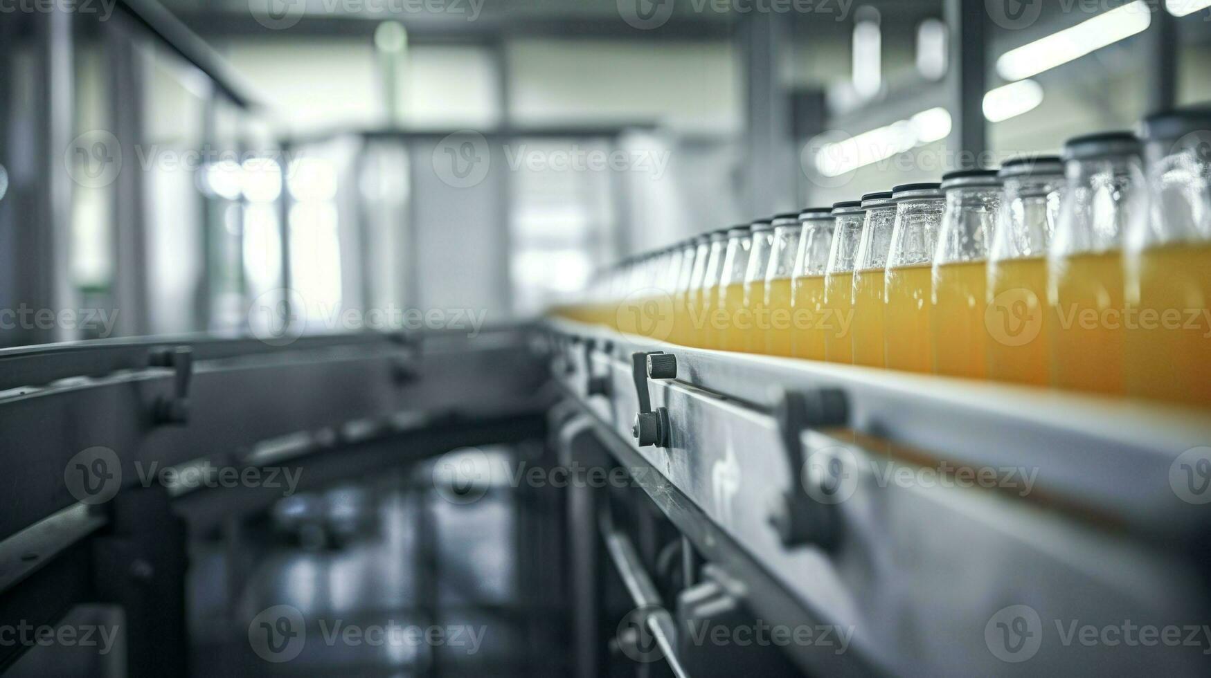 Bottles of soda moving on factory conveyor.. Generative AI photo