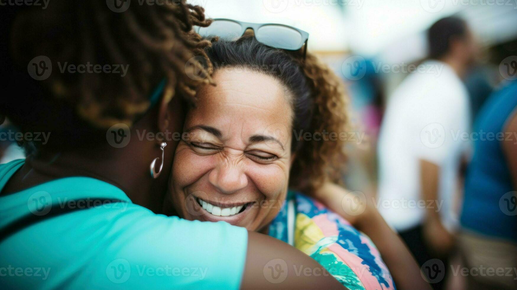 Two women embracing joyfully at a vibrant festival.. Generative AI photo