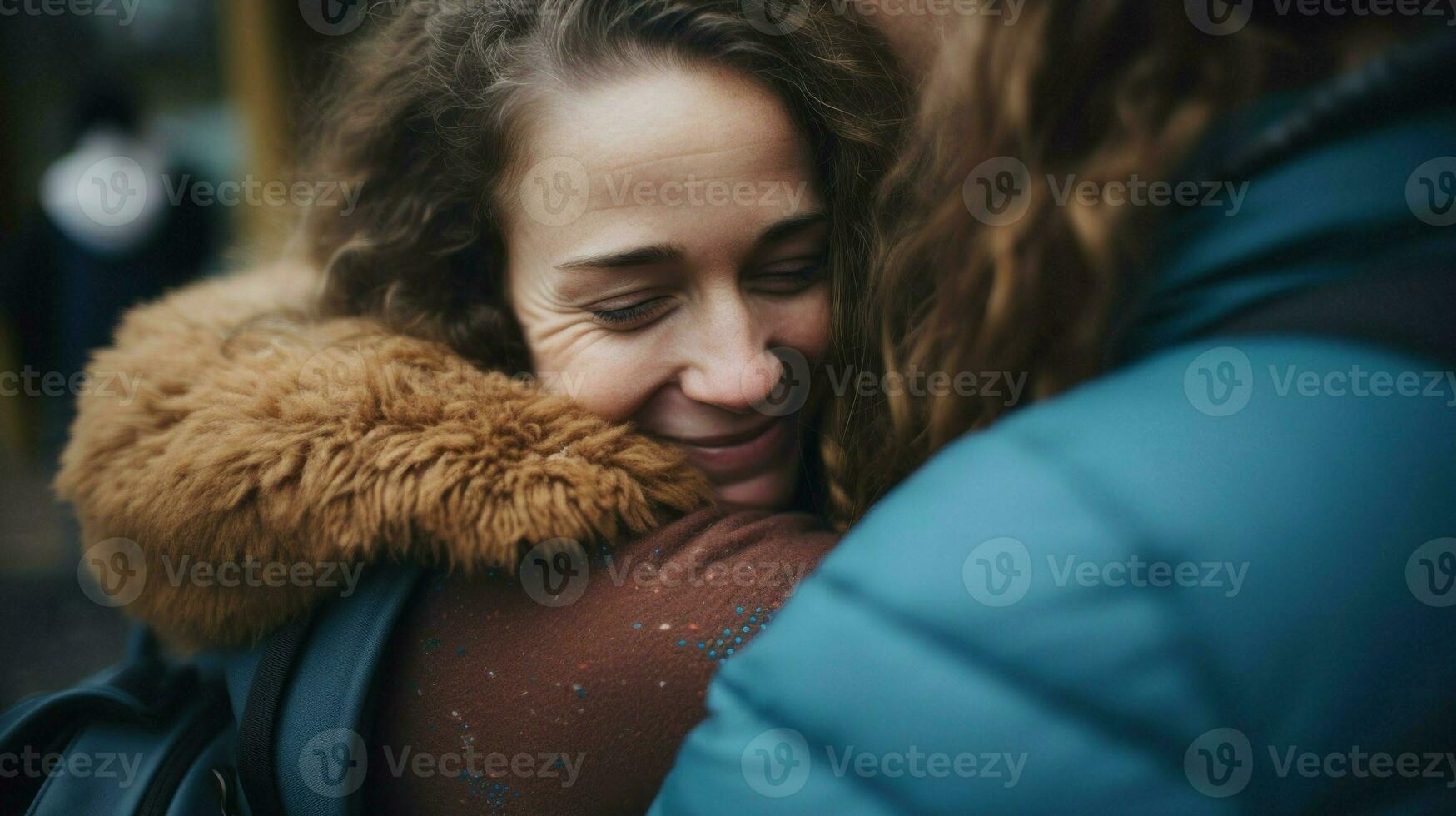 Two women embracing each other warmly in an outdoor setting.. Generative AI photo