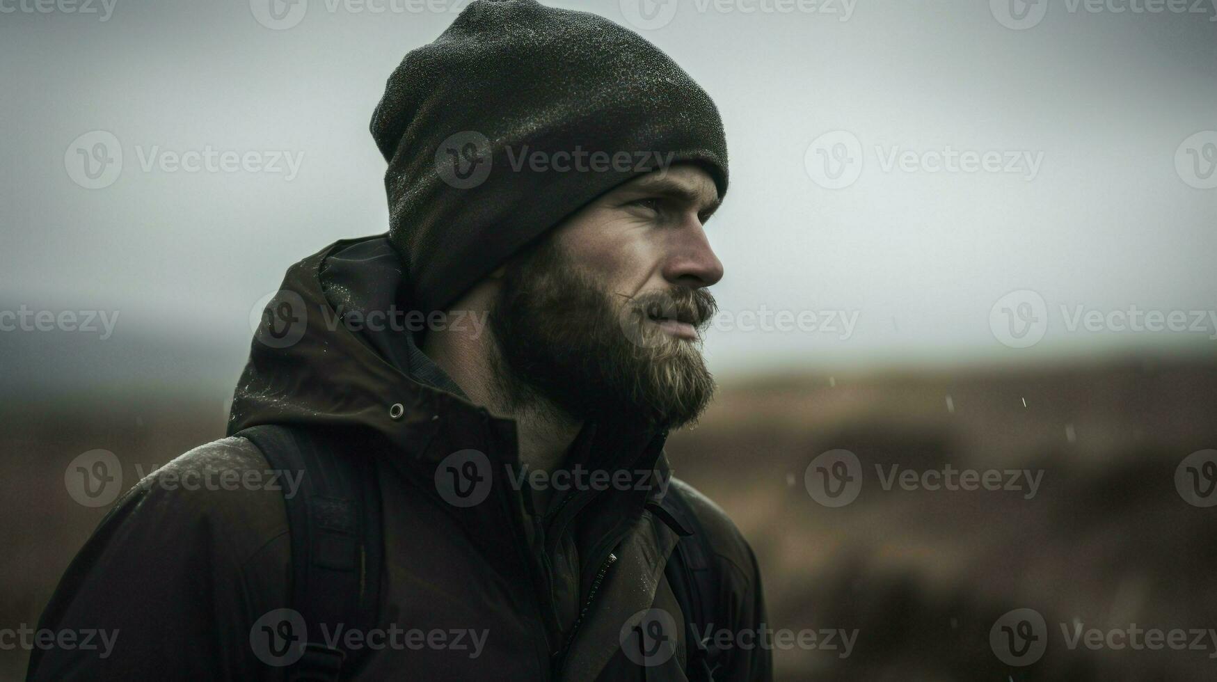 Young traveling man hiking in the mountains. Generative AI photo